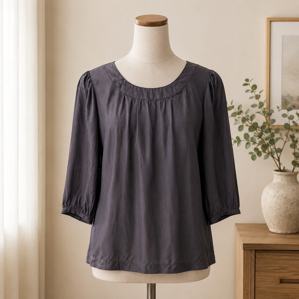 Boden Blouse Womens 6 Grey Silk Blend Dark Academia Puff Sleeve Scoop Neck WA450